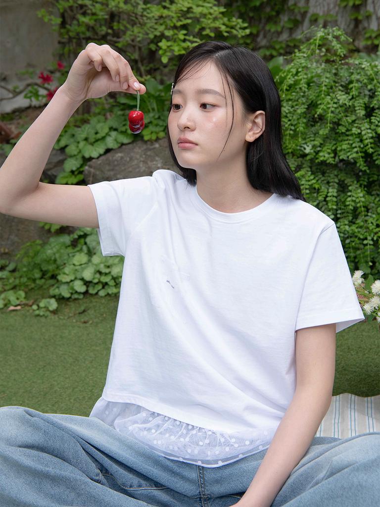 OAFISH Dot Ruffle Pocket T-Shirt, White