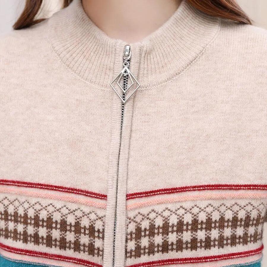 Spring and Autumn Style Color Blocked Small Coat Lady Sweaters Simplicity Printing Patchwork Pocket Zipper Casual Loose Long Sleeve Women's Clothing