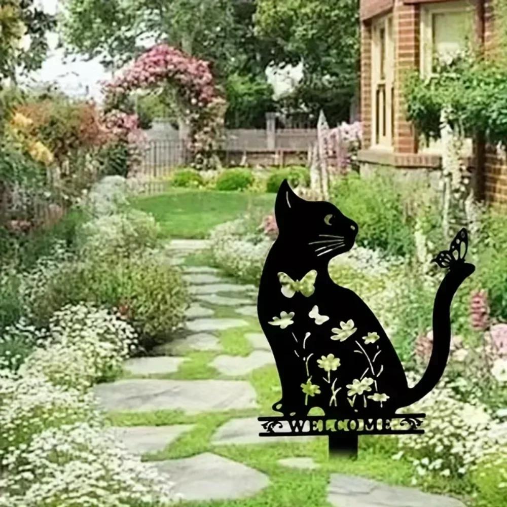 Один, милый кот, железное украшение для сада, вставка для животных, ограждение для кошек, украшение для газона в саду, художественное украшение для двора