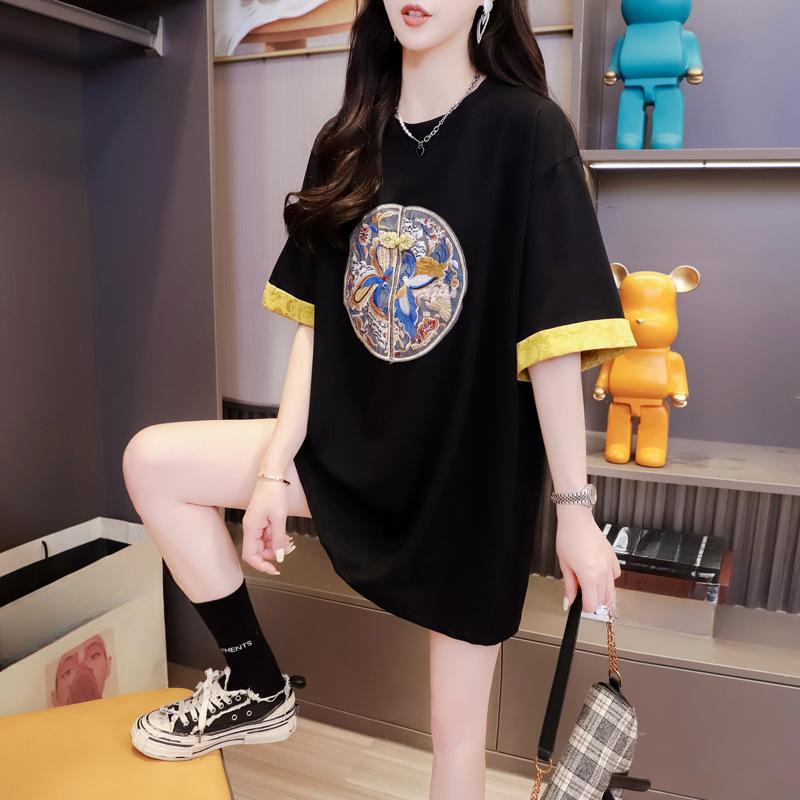 Летняя женская новая тонкая жаккардовая футболка с короткими рукавами и вышивкой в китайском национальном стиле