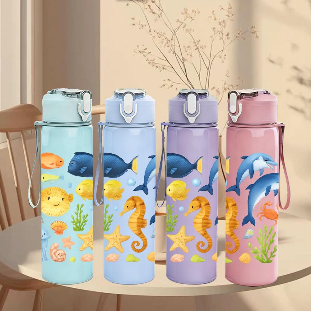 1PC Ocean Marine Animal Pattern 750ml Color Plastic Sports Water Bottle Leakproof Flip Straw Lid Suitable for Sports Office Home Use