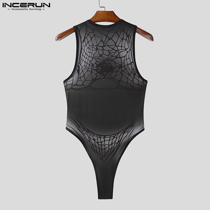 INCERUN Men Underwear Jumpsuits Sleeveless Print Fitted Romper Bodysuits
