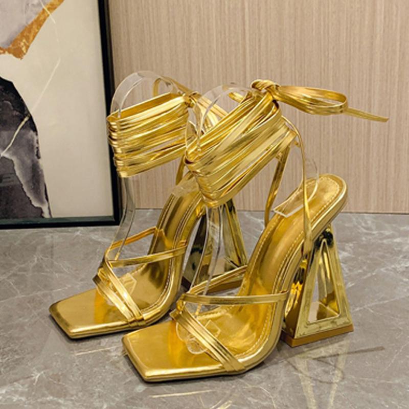 Мода Liyke Новый Стиль Шик Треугольный Толстый Каблук Гладиаторские Сандалии Женские Летние Сексуальные Уличные Квадратный Носок Перекрестная Шнуровка Платье Вечеринка Золотая Обувь