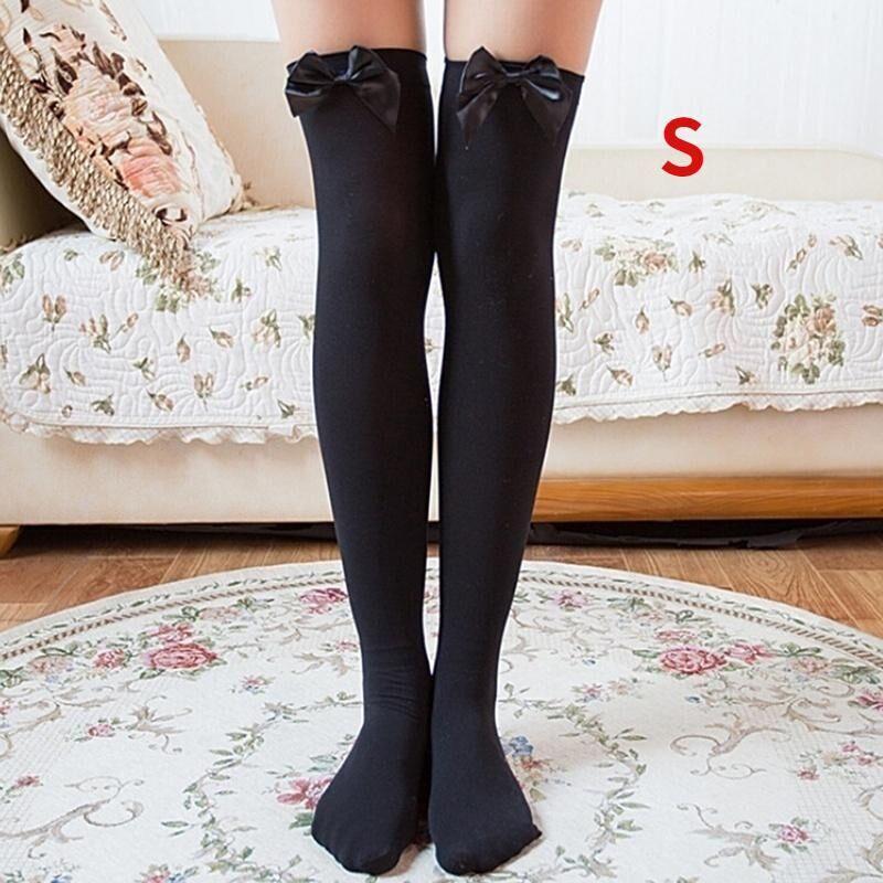Женские эластичные чулки выше колена, модные колготки с бантом