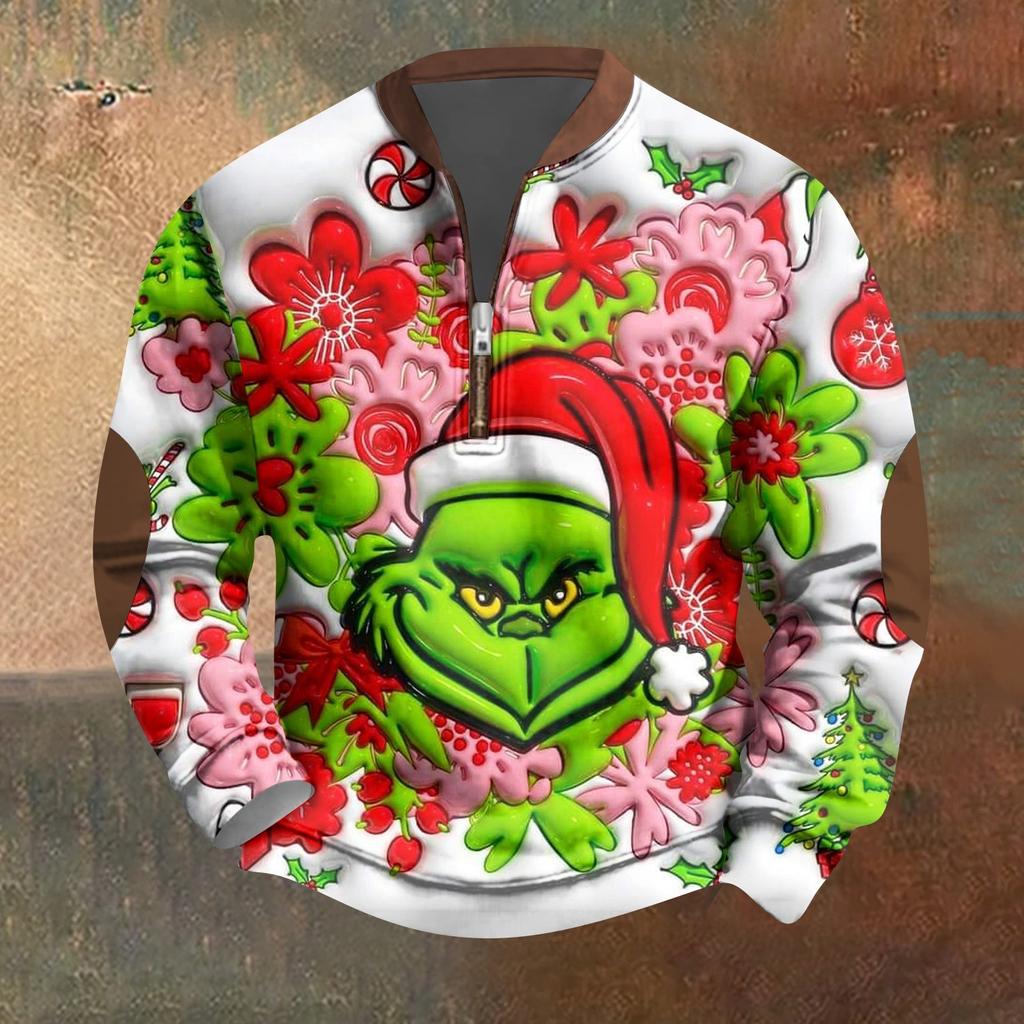 Мужская винтажная зеленая рождественская повседневная толстовка на молнии с трехмерным принтом, пуловер