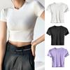 Women Summer Crop Top O Neck Short Sleeve Slim Fit Stretchy Solid Color Waist-exposed Casual Soft Breathable Lady T-shirt