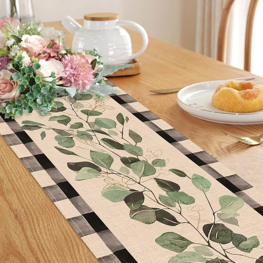 Seliem Spring Eucalyptus Leaves Greenery Table Runner, Black White Buffalo Plaid Check Kitchen Dining Table Decor, Green Plants Botanical Summer