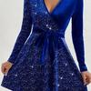 Платье женское осень-весна с V-образным вырезом, шнуровкой, узкой талией, декором из пайеток, А-силуэта, большим подолом, длинными рукавами, мини-платье для выпускного вечера