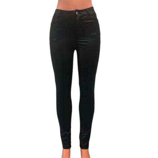 Женские брюки с высокой талией, гладкая искусственная кожа, сплошной цвет, узкие, с подъемом ягодиц, эластичные пуговицы, карманы на молнии, облегающий крой, длина до щиколотки, карандаш