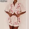 VEZFAA Женская мода повседневная летняя весенняя цветочная модель с принтом короткий рукав поло воротник брюки костюмы