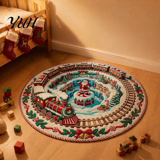 Round Floor Rug 3D Christmas Santa Rug, 24" Area Quilted-Look Non-Slip Holiday Decorative Carpet Mat, Staircase Snowman for Living Room Bedroom Decor