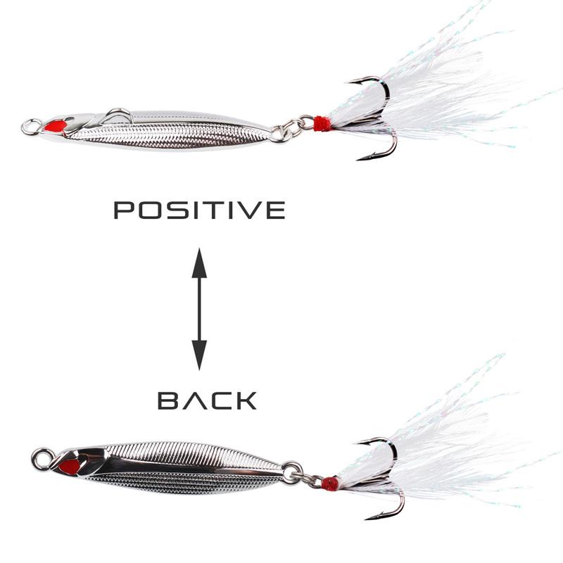 Серебристая металлическая приманка (маленькая рыбка, мормышка) с тройным крючком и пером