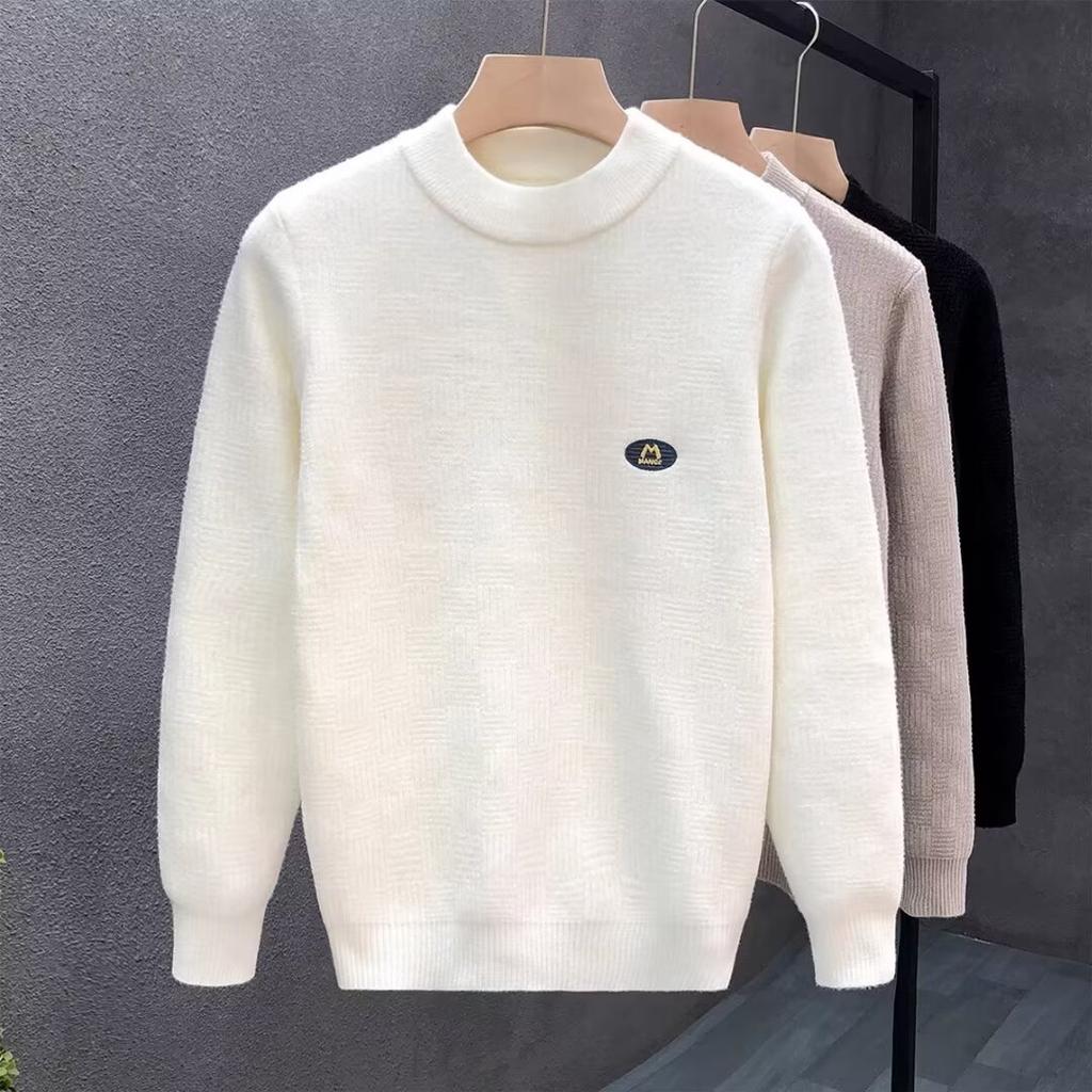 Цельный бархатный свитер, мужской утолщенный теплый мужской свитер на флисовой подкладке, модный круглый вырез, повседневная рубашка с вышивкой, модная