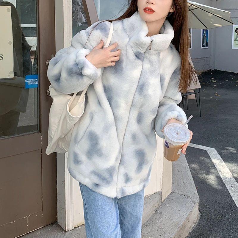 Новое плюшевое пальто из ягненка для женщин, осень и зима, плюшевый утолщенный свободный воротник-стойка, пушистый искусственный мех, хлопковая одежда