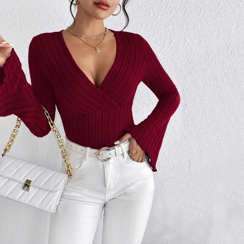 2025 new women's European and American V-neck flared sleeve burgundy T-shirt autumn and winter slim-fit bottoming shirt top