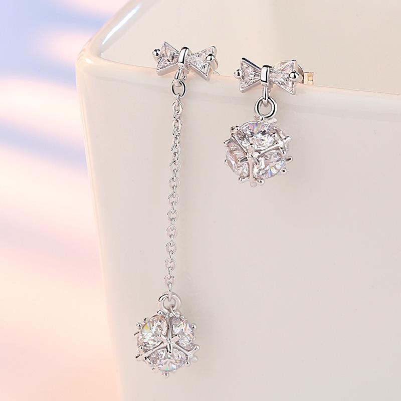 Womens Korean Fashion 925 Silver Plated Anti-allergy Square Zircon Crystal Rubik's Cube Candy Bows Dangle Drop Earrings Female Ear Jewelry Xmas Gift
