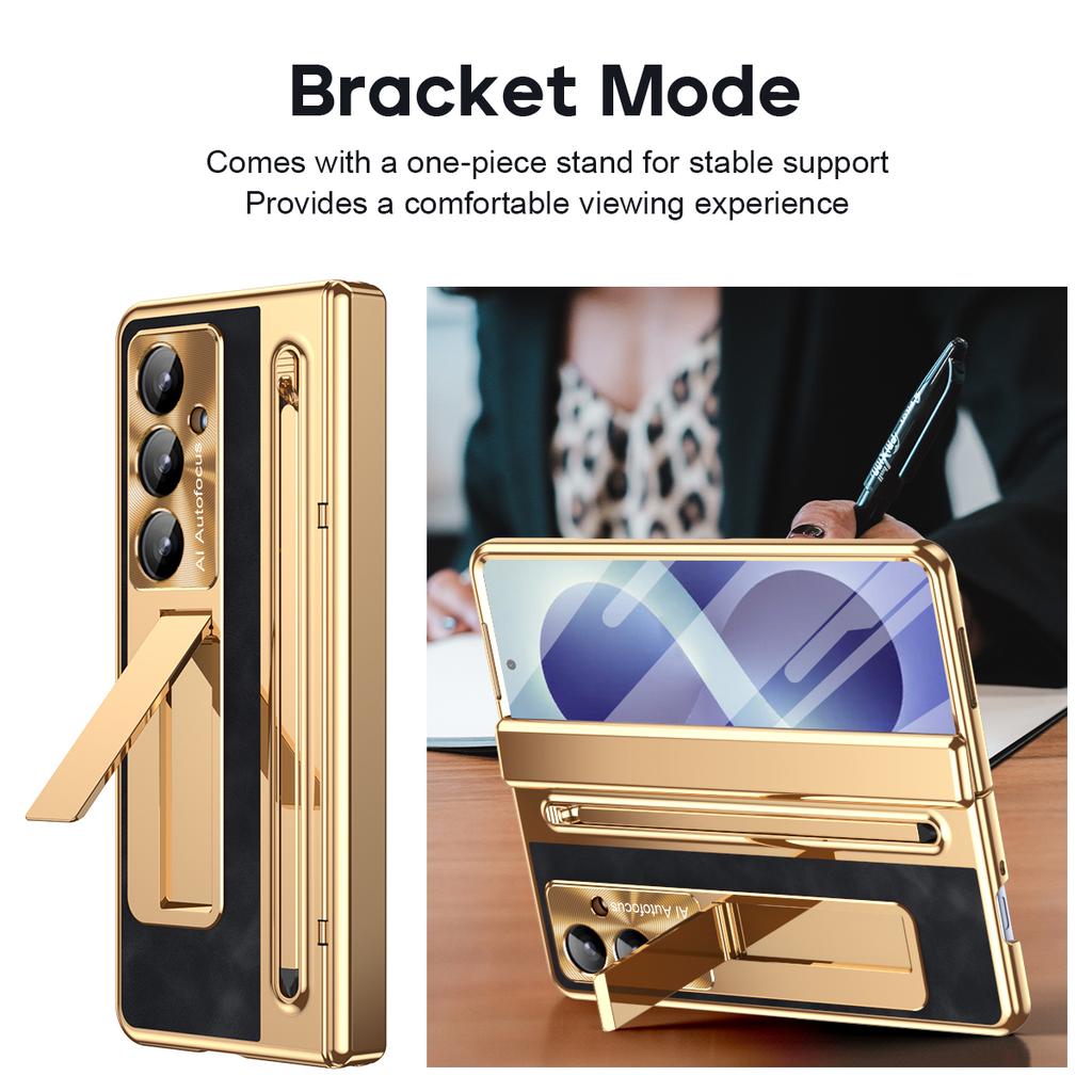 PU Leather Glass Film Pen Slot with Pen Phone Case for Samsung Galaxy Z Fold 8 6 5 4 3 Fold6 Fold8 Ultra Hinge Protection Cover