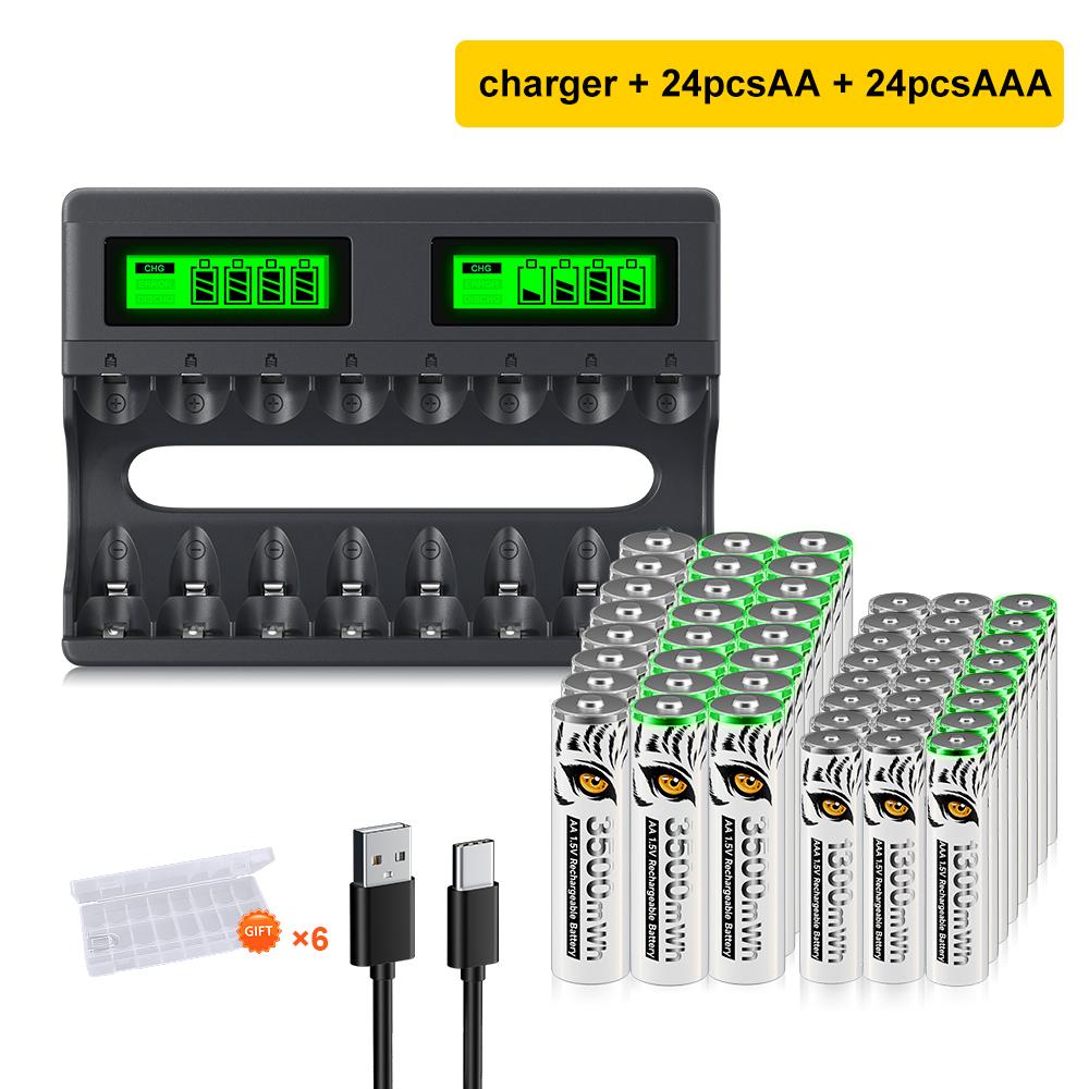 PALO Литий-ионная аккумуляторная батарея AA 3500 МВтч, 1,5 В + литий-ионные аккумуляторы AAA 1300 МВтч, элемент AA AAA 1,5 В с зарядным устройством 1,5 В AAA AA