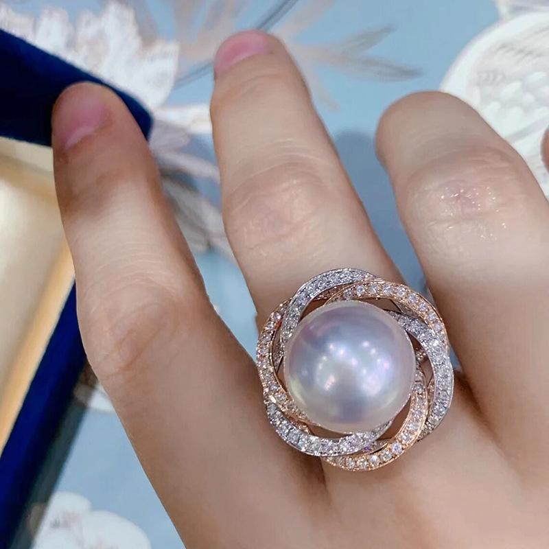 Romantic Lady Lab Pearl Diamond Ring Silver Party Wedding Band Rings for Women Bridal Engagement Jewelry Gift