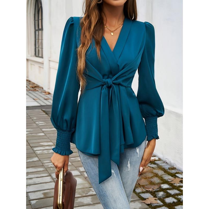 Elegant Deep V Neck Cross Strap Slim Fit Waist Shirt Long Sleeve Pleated Cuffs Office Fashion Blouse Retro Casual Bow Tie Lace-up Top Female Clothing