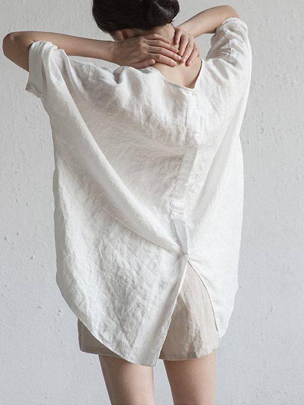 Хлопково-льняная блузка в корейском стиле с рукавами средней длины - Весна/Лето, Свободный крой, Круглый вырез, Хлопковая футболка с коротким рукавом