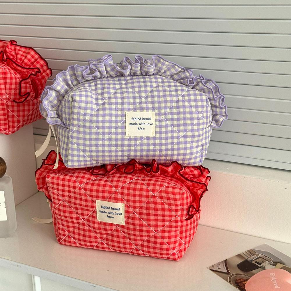 with Zipper Cosmetic Cases Plaid Pattern Toiletry Organizer Sweet Ruffle Makeup Bag Girl