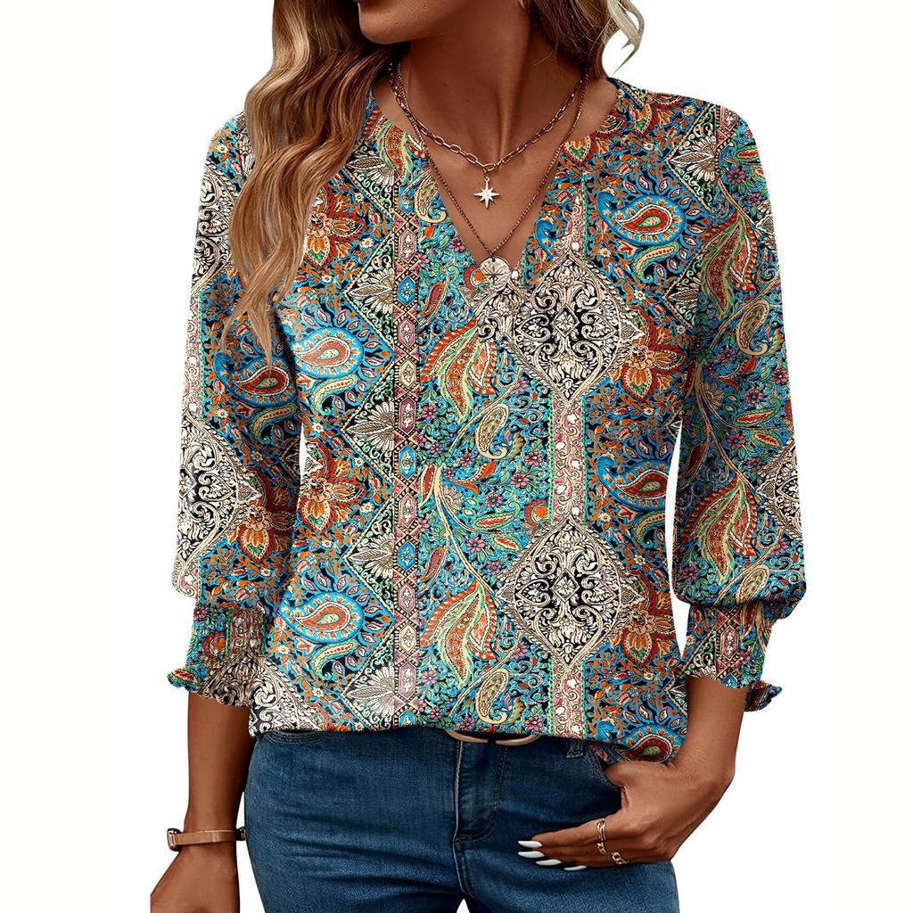 Blouses For Women Dressy Casual 3/4 Length Sleeve Womens Tops O Neck T Shirts With Smocked Cuffs