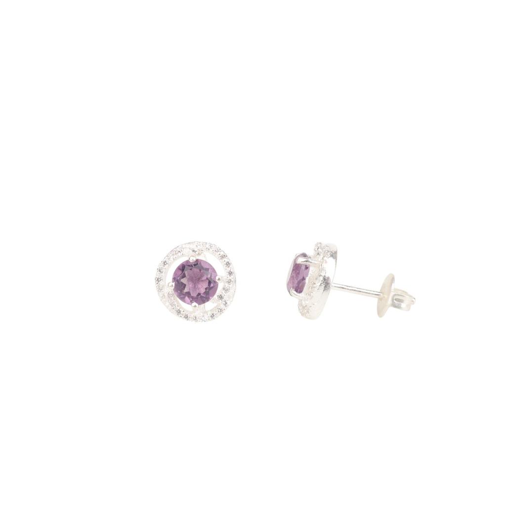 Natural Amethyst Gemstone 925 Sterling Silver Jewelry Zircon Stud Earrings 0.41" CZE-8-12