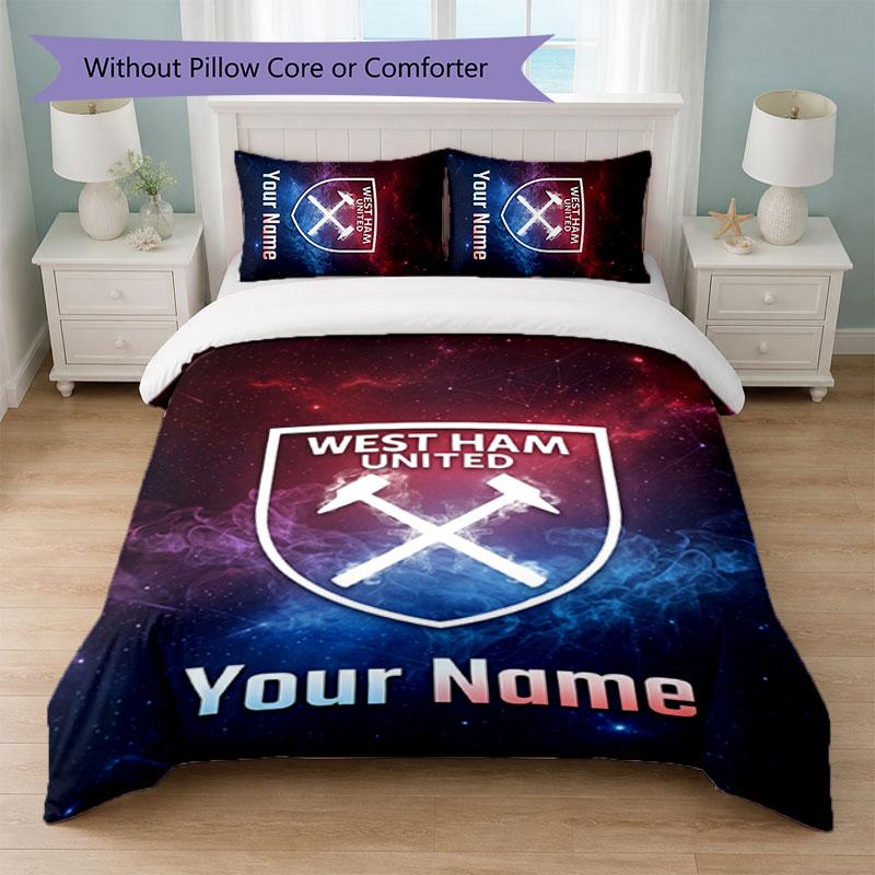 West Ham United FC Custom Name Text Bedding Set 1 Duvet Cover+2 Pillowcases Soccer Logo Personalized Gift For Special Occasion Bedroom Decor