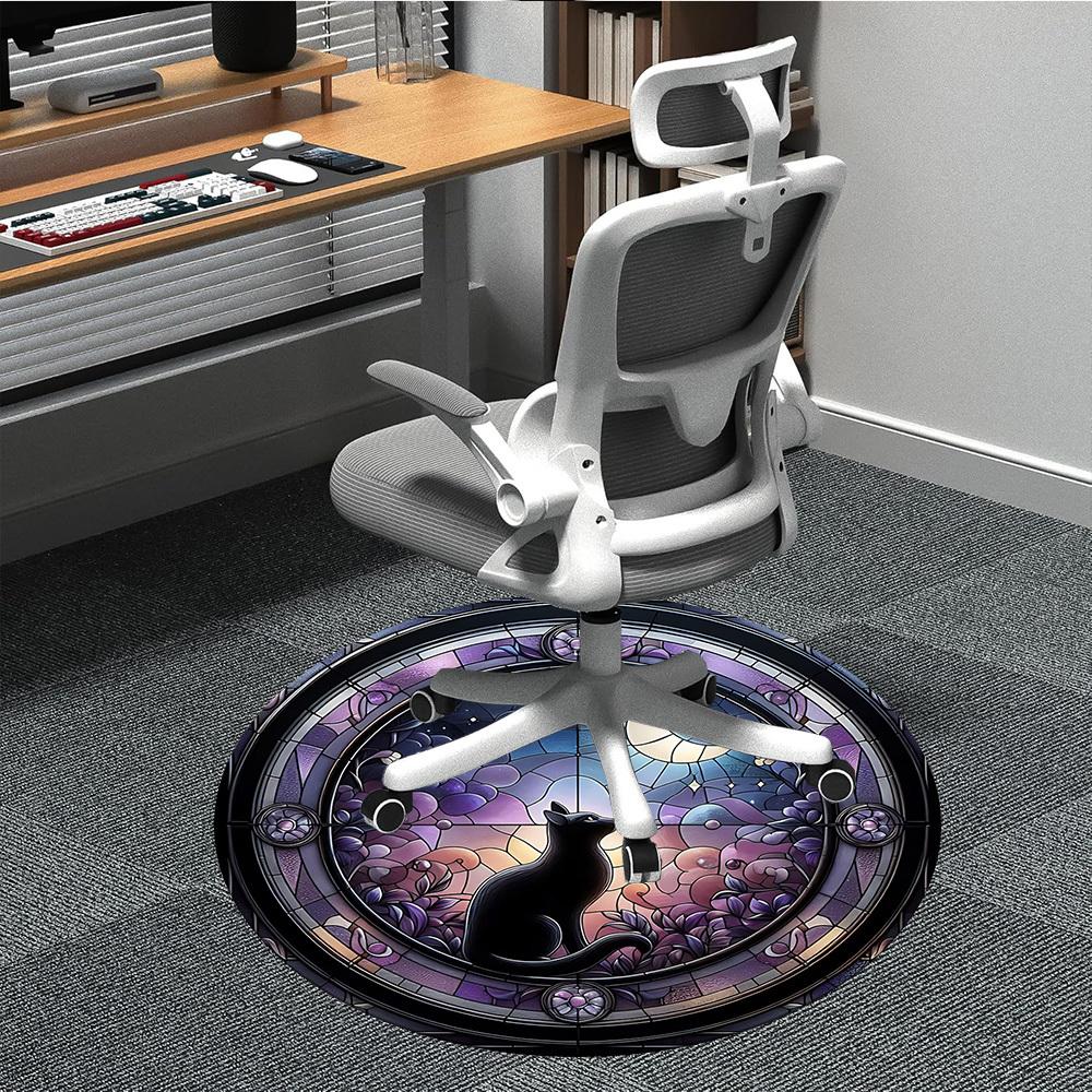 1pc Stained Glass Cat Office Round Area Rug, Indoor Mat Suitable ForOffice, Under Office Chairs Bedroom Living Room Home Decor, Room Deco T141