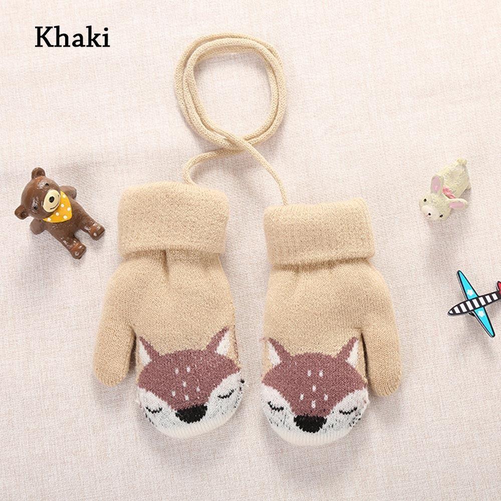 Baby Boys Girls Soft Hanging Neck Knitted Mittens Cute Kids Gloves Thick Warm