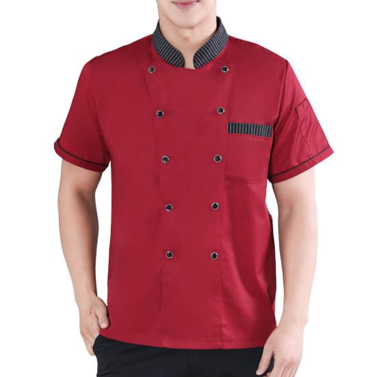 Stand Collar Short Sleeve Double Breasted Patch Pocket Splicing Color Chef Uniform Women Men Service Bakery Breathable Chef Shirt Work Clothing
