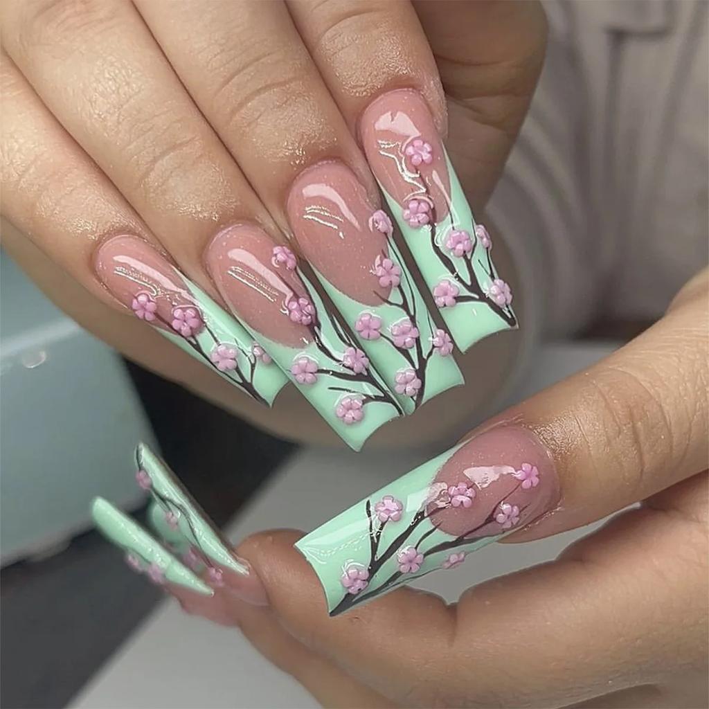 24Pcs Long Square Press On Nails French Blue Glitter Flower Design Stick On False Nails For Women Wearable Manicure Tips