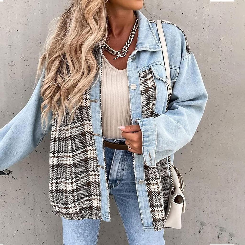 Женская куртка Джинсовая куртка с длинным рукавом в клетку Рубашка на пуговицах Куртка Топ