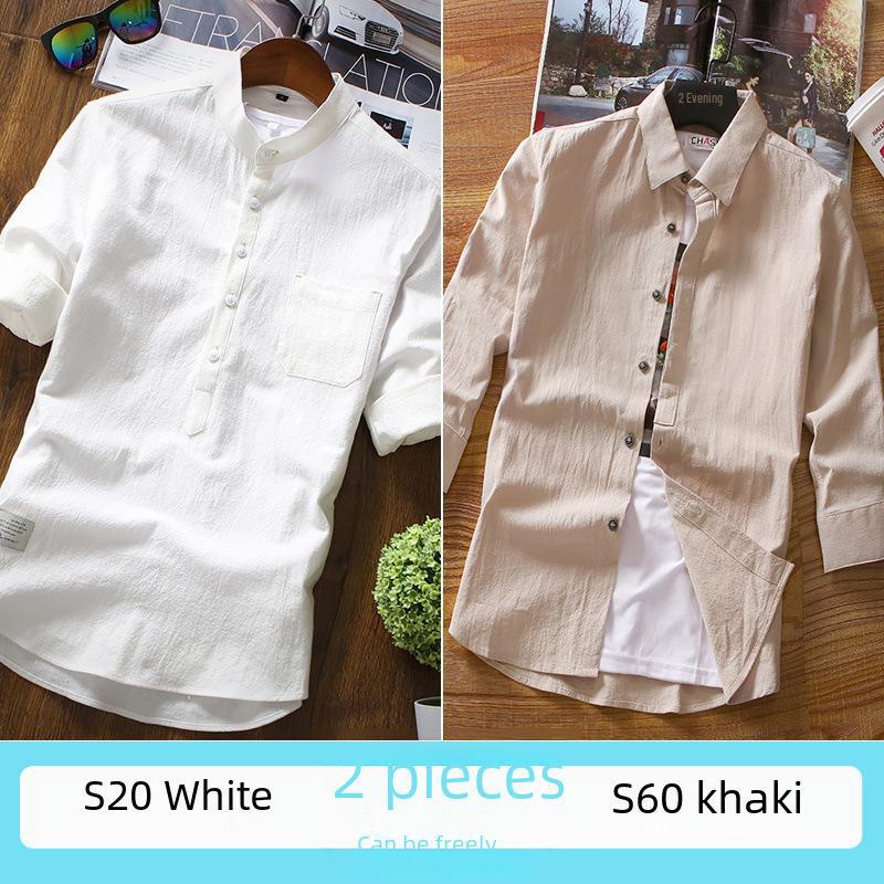 Летняя мужская рубашка из белого льна 2023 года — короткий рукав, красивый тренд