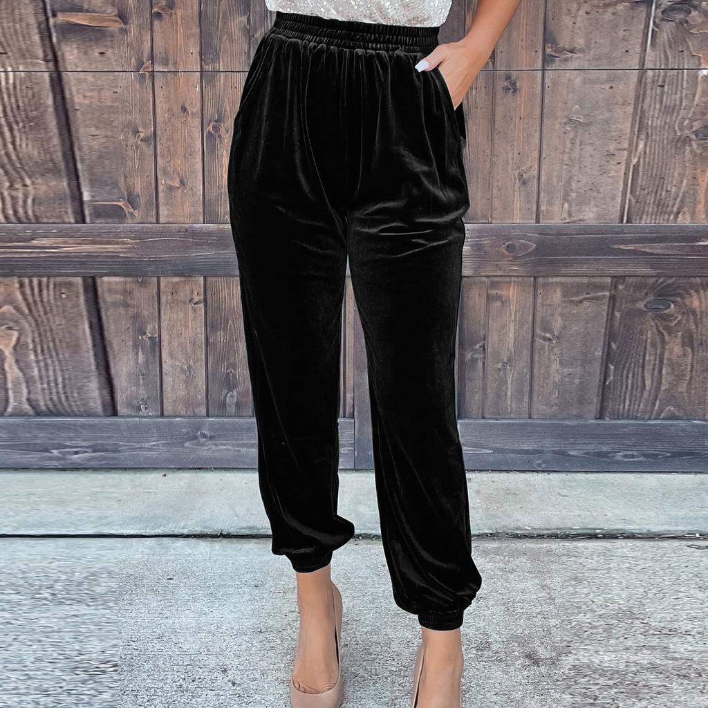 Women's Ladies Gold Velvet Trousers Straight Trousers Elastic Waist Casual Pants