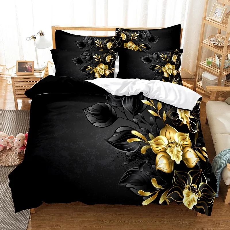 Flower Duvet Cover Set Queen King Size Blooming Golden Flower Twin Bedding Set For Girls Women Vibrant Floral Theme Quilt Cover