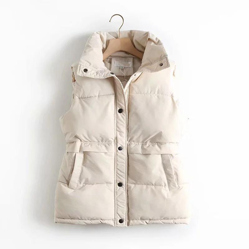 Fall Winter Women Cotton Liner Short Vest Parka Jacket Coat Turn-down Collar Preppy Style Zipper Pockets Drawstring Waist Sleeveless Solid M-5XL