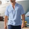 Летняя европейская и американская мужская повседневная свободная рубашка, повседневная рубашка на пуговицах с воротником-стойкой, льняная, с короткими рукавами