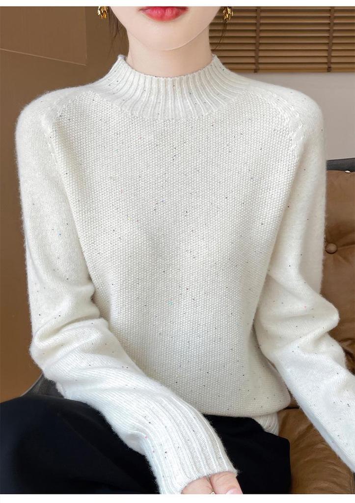2024 Autumn/Winter High Neck Beaded Wool Sweater - Long Sleeve, Loose Fit