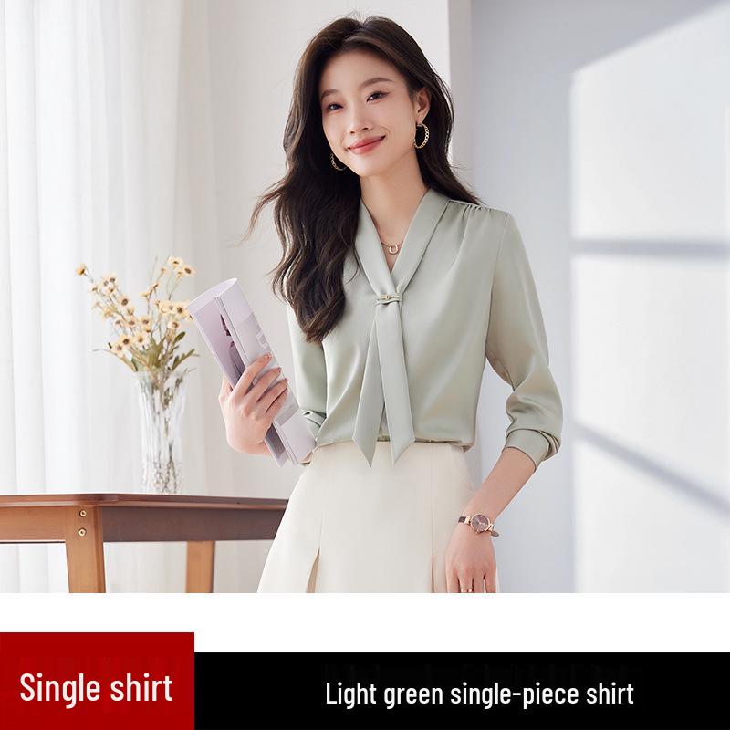 Весна 2024 Женская блузка из струящегося атласа с воротником-стойкой и завязками - Свободный крой, Профессиональный OL-дизайн