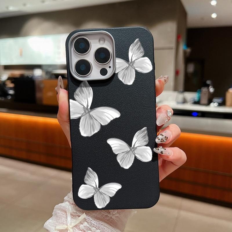 Серый чехол с принтом бабочки, противоударный, мягкий, из ТПУ, для iPhone 16 Pro Max, 15 Pro, 14, 13, 12, 11, защита линз, матовая кожа, текстура, тонкий бампер