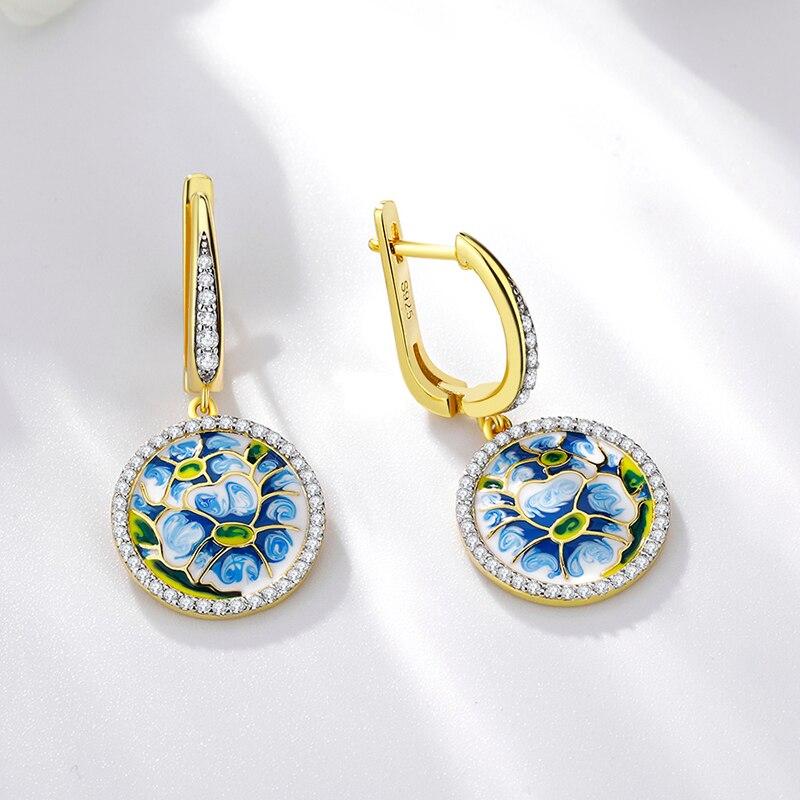 OGULEE модные серьги-подвески из стерлингового серебра 925 пробы, синие, сделай сам, эмаль, зеленые, счастливые цветы, спиральные висячие серьги для женщин, ювелирные изделия для свадебной вечеринки