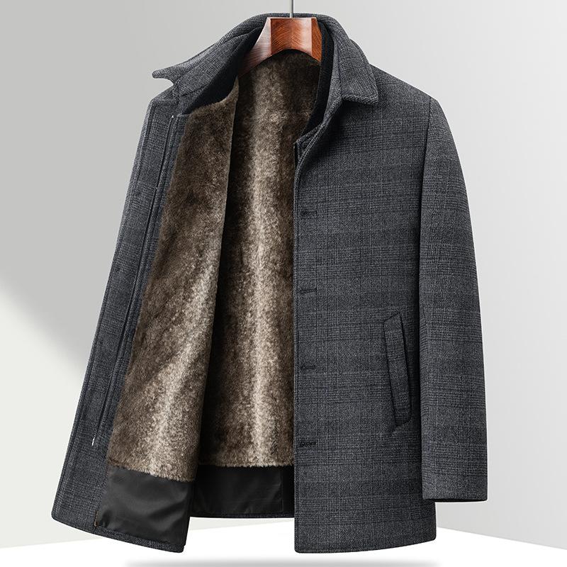Съемное шерстяное пальто в клетку с бархатом и утолщенной подкладкой, зимнее пальто для пап среднего и пожилого возраста, шерстяное пальто