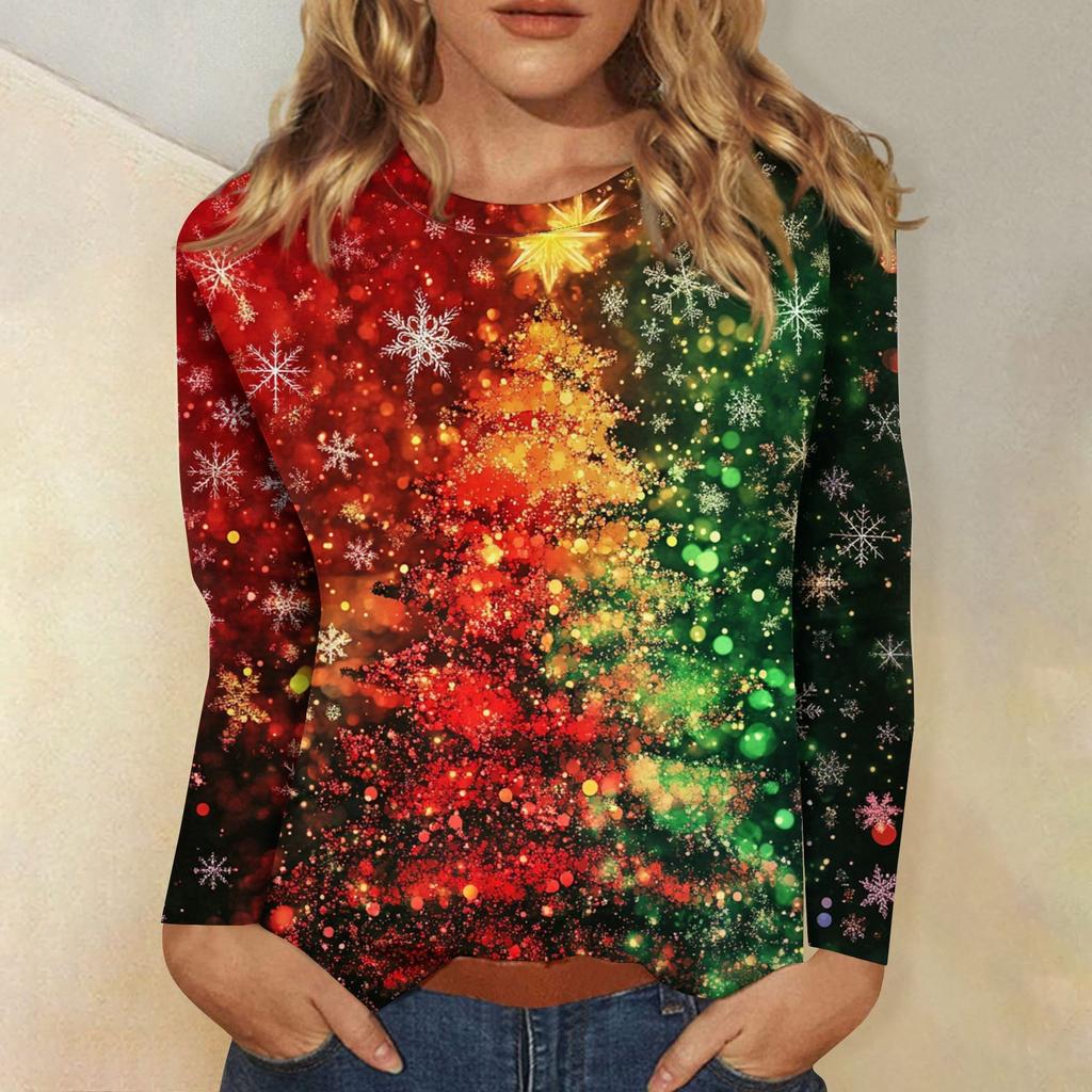 Рубашки с длинным рукавом для женщин Милые принты Футболки Блузки Повседневные Большие размеры Базовые топы Пуловеры Рождественские