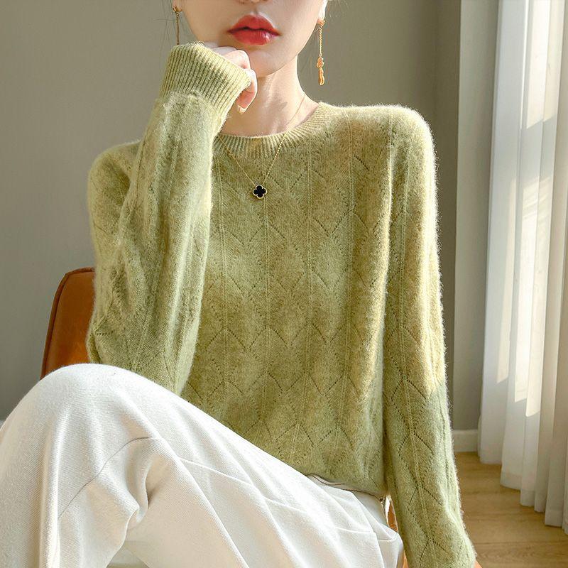 Осень-зима женские вязаные свитера с круглым вырезом, ажурный пуловер, свитер, трикотаж, длинный рукав, однотонные простые свитера