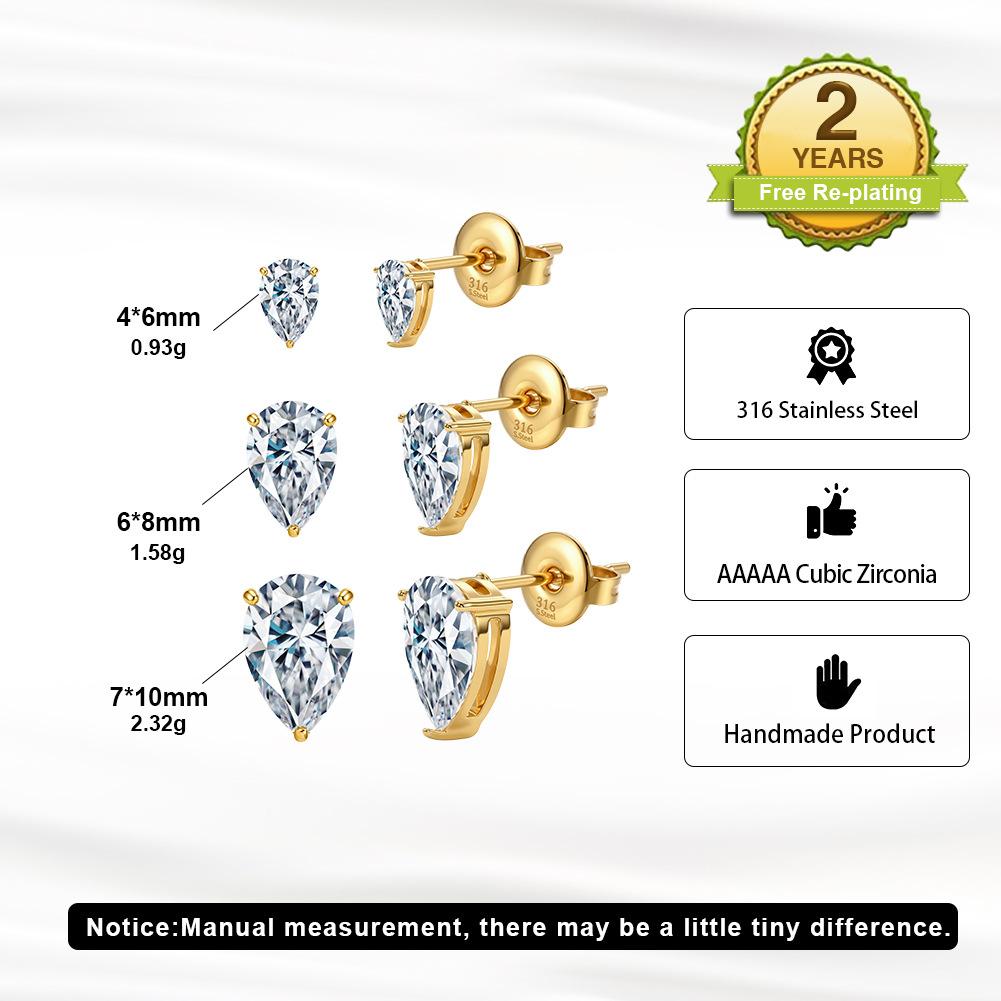18K Gold Plated Stainless Steel Pear Teardrop 5A Cubic Zirconia Stud Earrings Minimalist Women Wedding Valentine Jewelry Gift