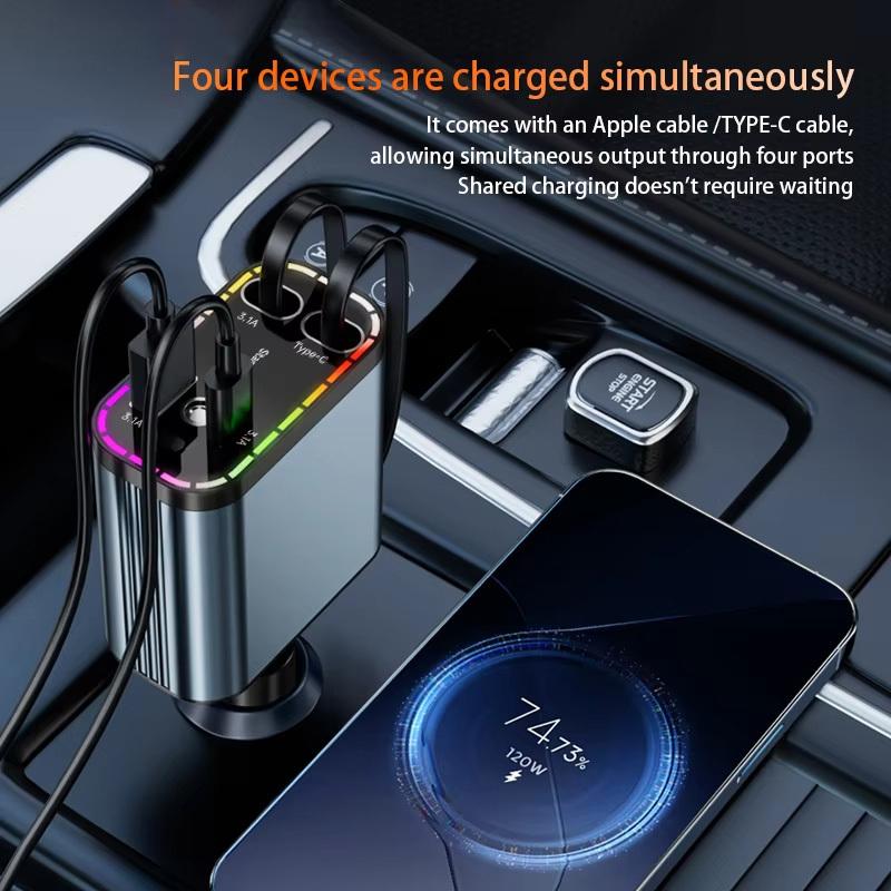 ZRGAE 5 IN 1 Retractable Car Charger 152W Fast Charging Starry Sky LED Lights USB Type-C Power Adapter For iPhone Android