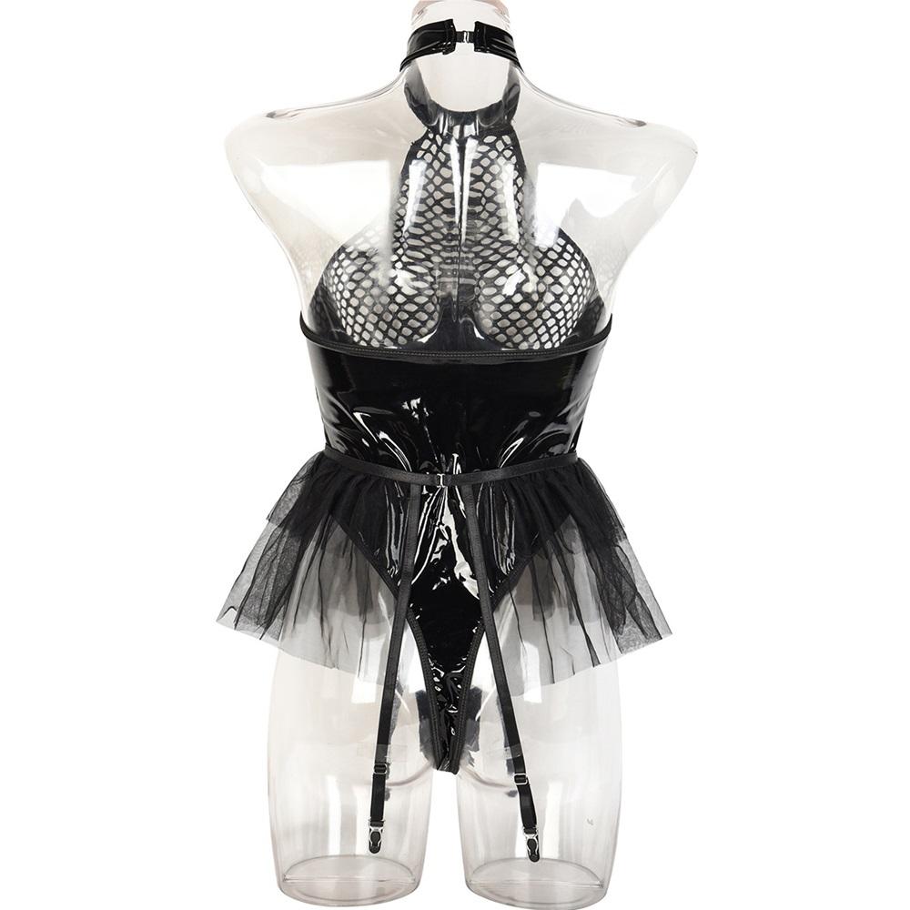 Aduloty Женское нижнее белье, сексуальное, из искусственной кожи, из лакированной кожи, в сетку, с шеей, пончо, юбка с подвязками, боди, одежда, перспективный комплект нижнего белья
