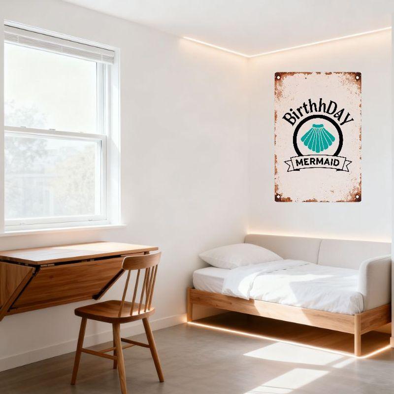 Vintage Distressed Metal Tin Sign with Teal Mermaid Tail Design, White Background & Rust Stains - Home Decor for Bar Man Cave Ca